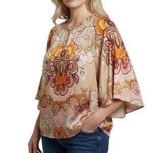 CHICO'S Size‎ 2 US 12 Satiny Paisley Tunic Top Handkerchief Sleeves Boho Peasant